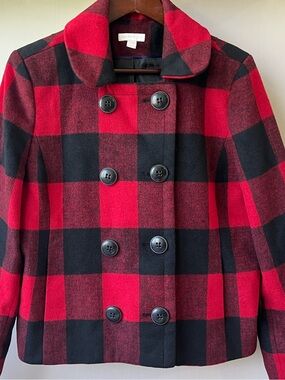 Charter Club Wool Blend Red Black Buffalo Plaid Pea Coat Jacket Womens Large